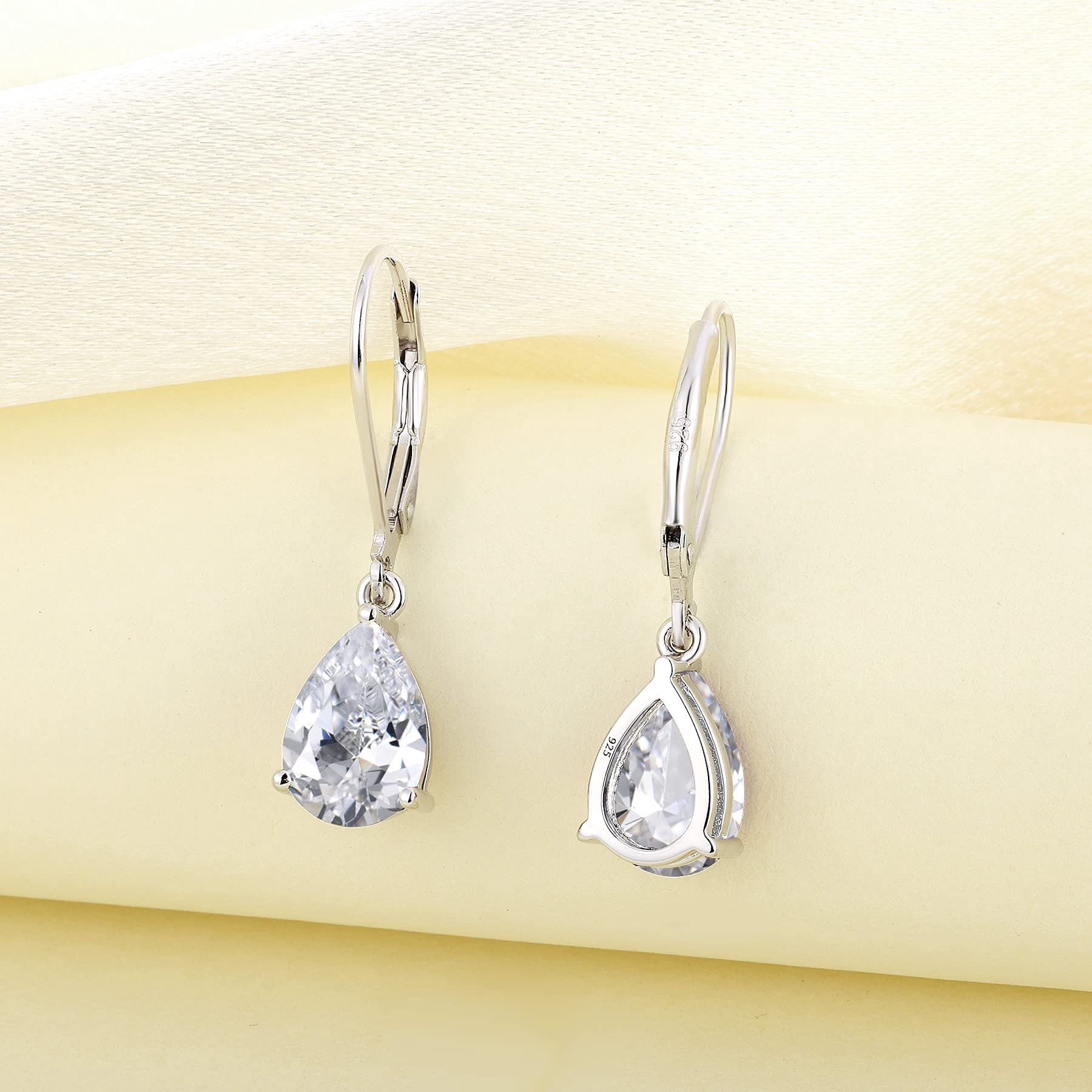 PYNZY Dangle Drop Earrings Sterling Silver Solitaire Leverback Teardrop Earrings for Women Birthstone Cubic Zirconia Jewelry Gifts for Moms