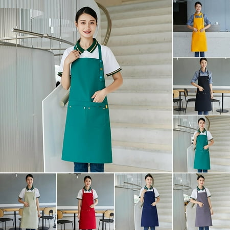 

Yanerim Kitchen Apron Adjustable Halter Neck Length Multi Pockets Stain-resistant Oilproof Waterproof Unisex Colorful Buttons Waiter Chef Cafe Catering Food Service Apron