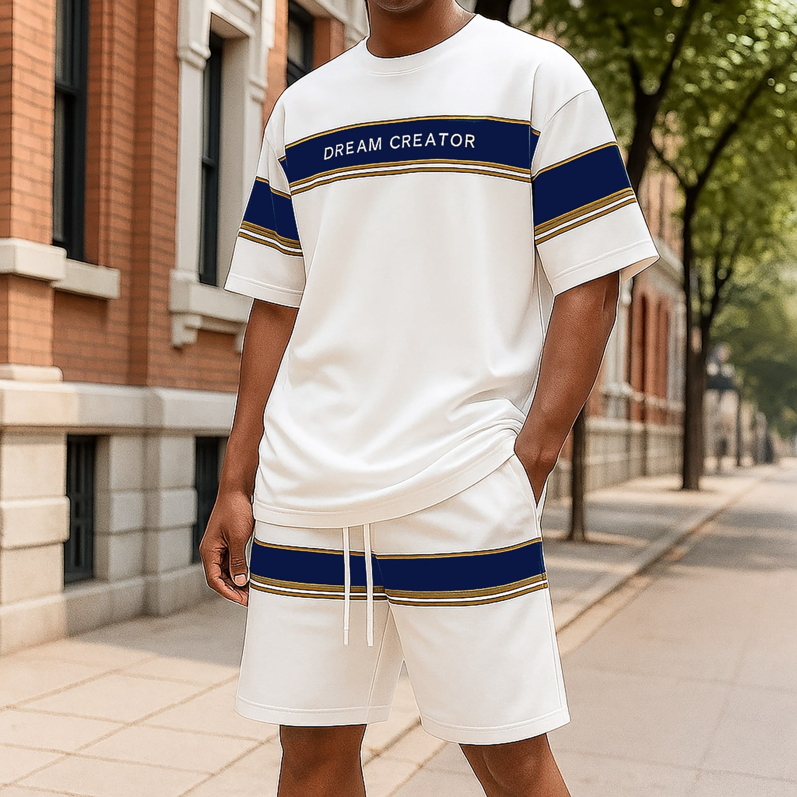Ensemble Décontracté De Sport Rayé - T-shirt Imprimé Taille S à XL - Neuf Avec étiquettes