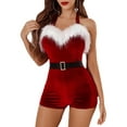 thumbnail image 2 of Santa Claus Women Costume Sexy Sleeveless Faux Fur Trim Halter Romper Short Jumpsuit Playsuits, 2 of 9
