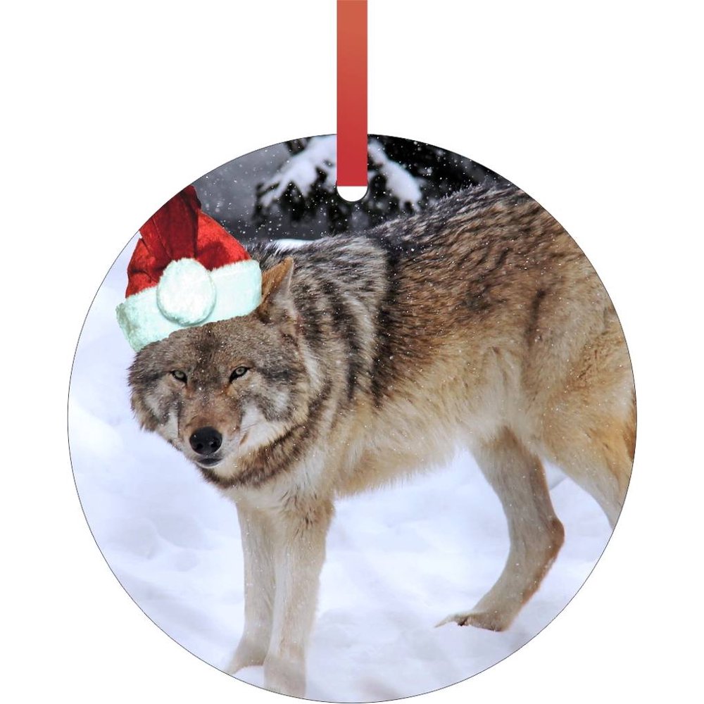 Winter Wolf with a Christmas Hat Flat Round - Shaped Christmas Holiday Hanging Tree Ornament