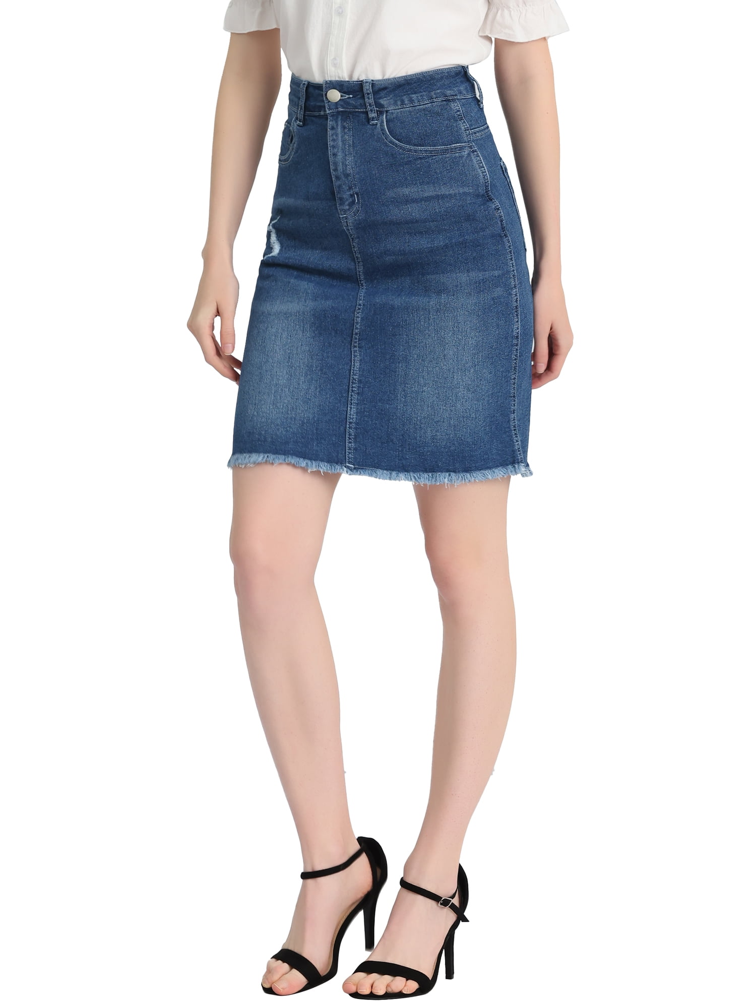 DARING DIVA Women's Ripped Hem Washed Jeans Denim Skirt M Vintage Blue