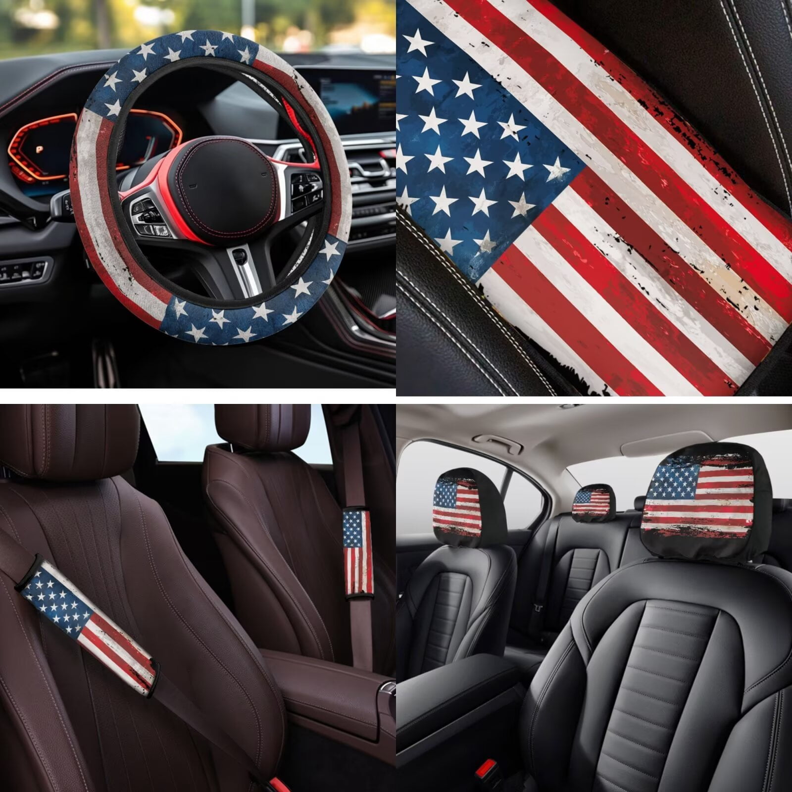 Garronmavis American Flag 14 Pcs Car Accessories Set with Car Headrest Cover Steering Wheel Cover Armrest Cover Seat Belt Pads Key Ring and Cup Coaster Universal Fit Most Cars Women Men
