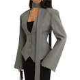 thumbnail image 2 of Blazer de Larga con Cuello en V para Mujer, Estilo Blazer, Ideal para el Trabajo o para Ocasiones Formales e Informales. Corte Ajustado y Cinturón. Gris M, 2 of 10