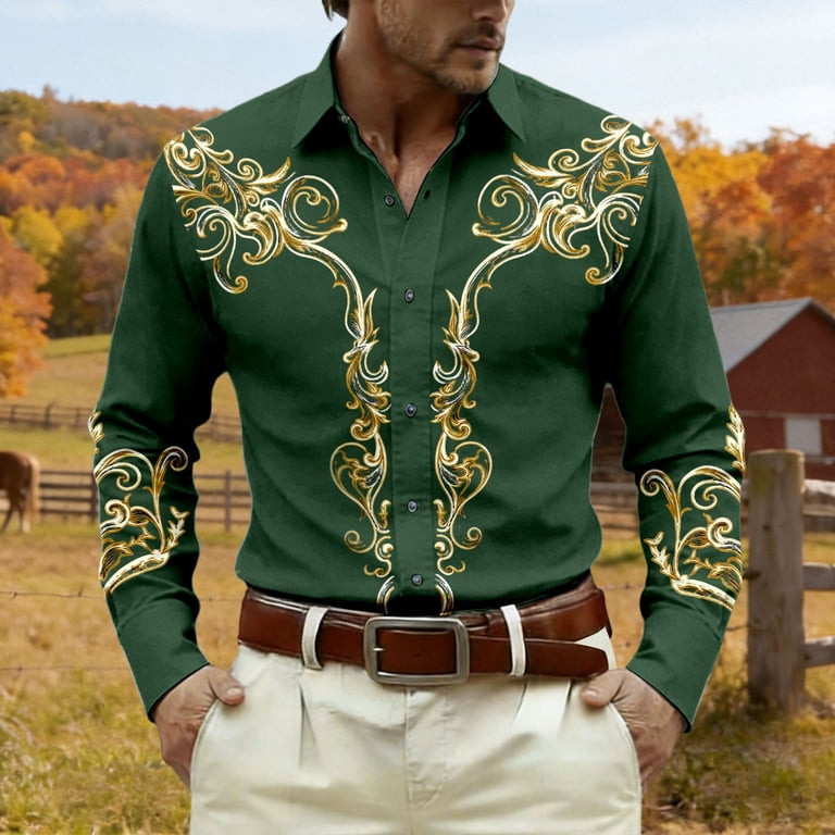 dark green men's dress shirt slim fit IWRICH Western Cowboy Shirts Long Sleeve Printed Casual Button down Shirts 01-Dark XL Clothing Size: P XS S M L XL 00 0 2 4 6 8 10 12 14 16