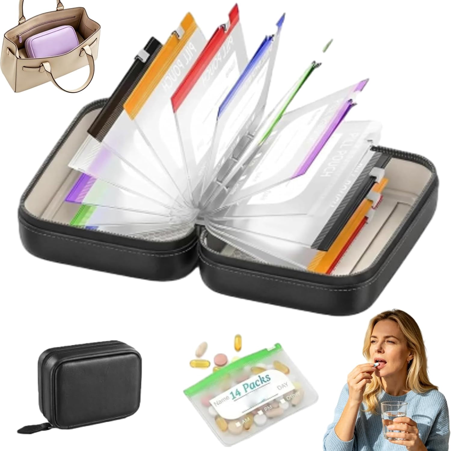 JEBTBFZE Waterproof Pill Organizer Set, Pill Pouches for Travel, with 14 Color-Pill Pouches, 7–14 Day Travel Pill Organizer, Portable Reusable Binder Design Zippered Pill Storage  (Pink)