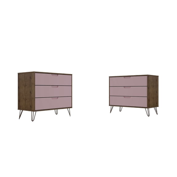Manhattan Comfort Rockefeller 3-Drawer Wood Dresser in Pink/Natural (Set of 2)