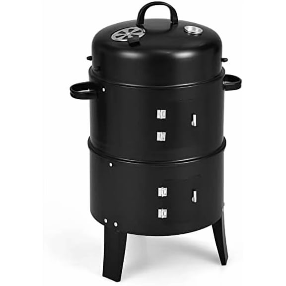 3 in 1 Round Charcoal Smoker, 16’’ Portable BBQ Vertical Smoker w/Thermometer, Hangers,Charcoal Smoker for Grilling, Camping, Black$$Garden & Patio