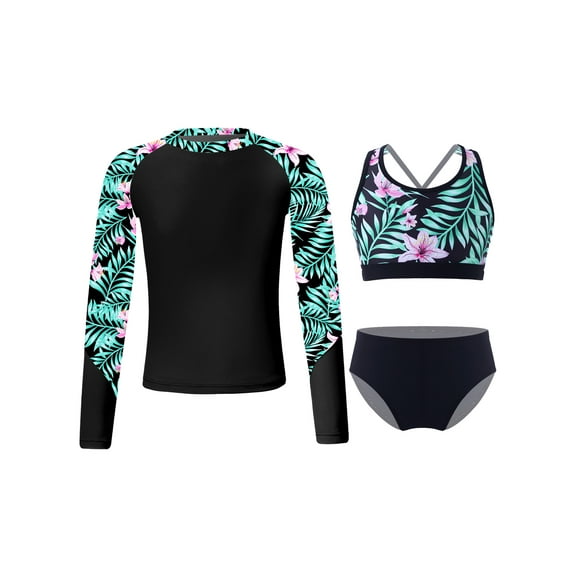 TiaoBug Kids Girl 3 Piece Rash Guard Swimsuits Set Floral Long Sleeve Shirt Cami Crop Top and Brief Beach Swimwear Black 14