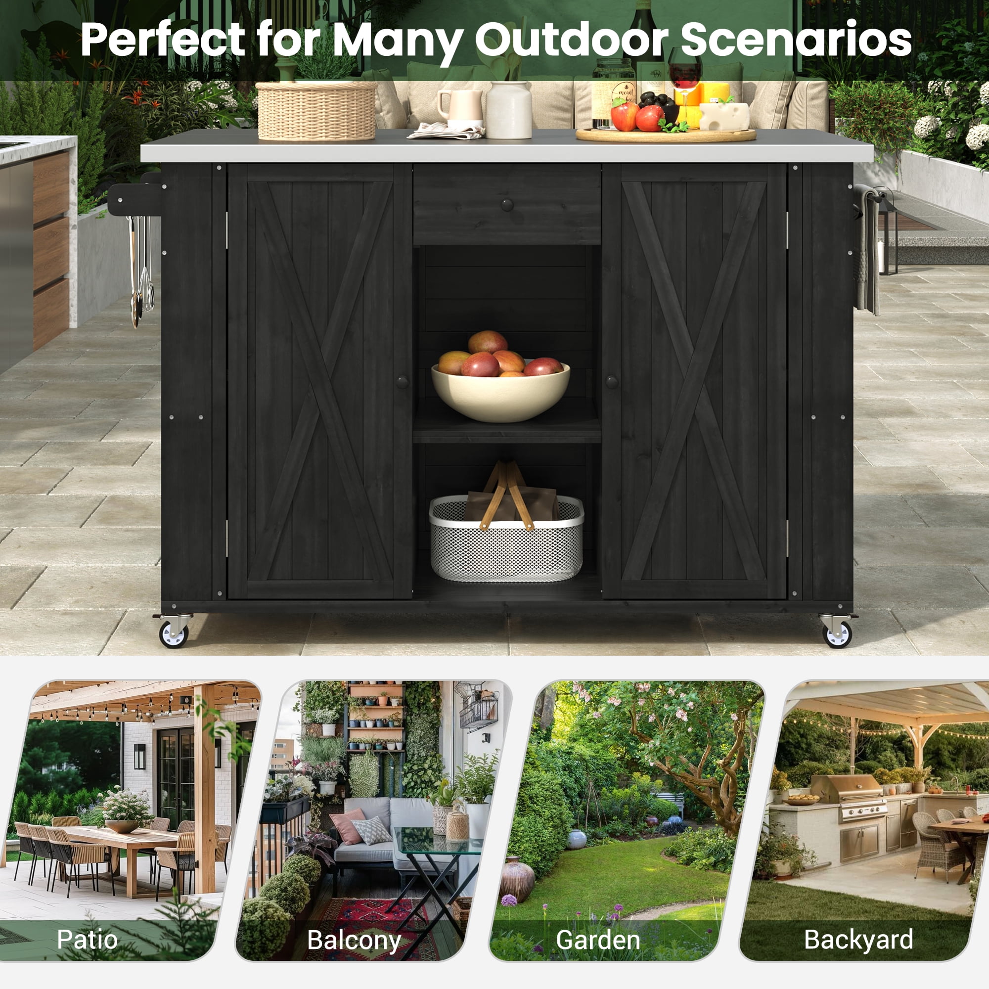 Outdoor Kitchen Islands, Patio Storage, Fir Wood Kitchen Island with Stainless Steel Foldable Top, Lockable Wheels, Ample Storage, Towel and Spice Racks, Bottle Opener for Backyard Patio, Black