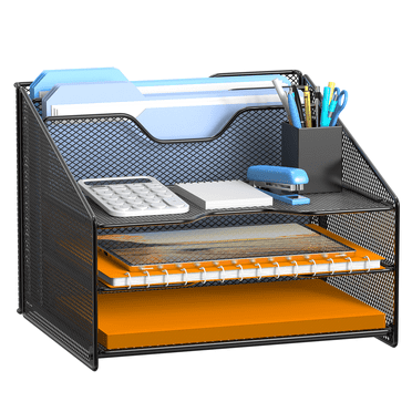 Samstar Desk File Organizer, Mesh Letter File Folder Holder with 3 Paper Trays and 2 Vertical Upright Section, Black.