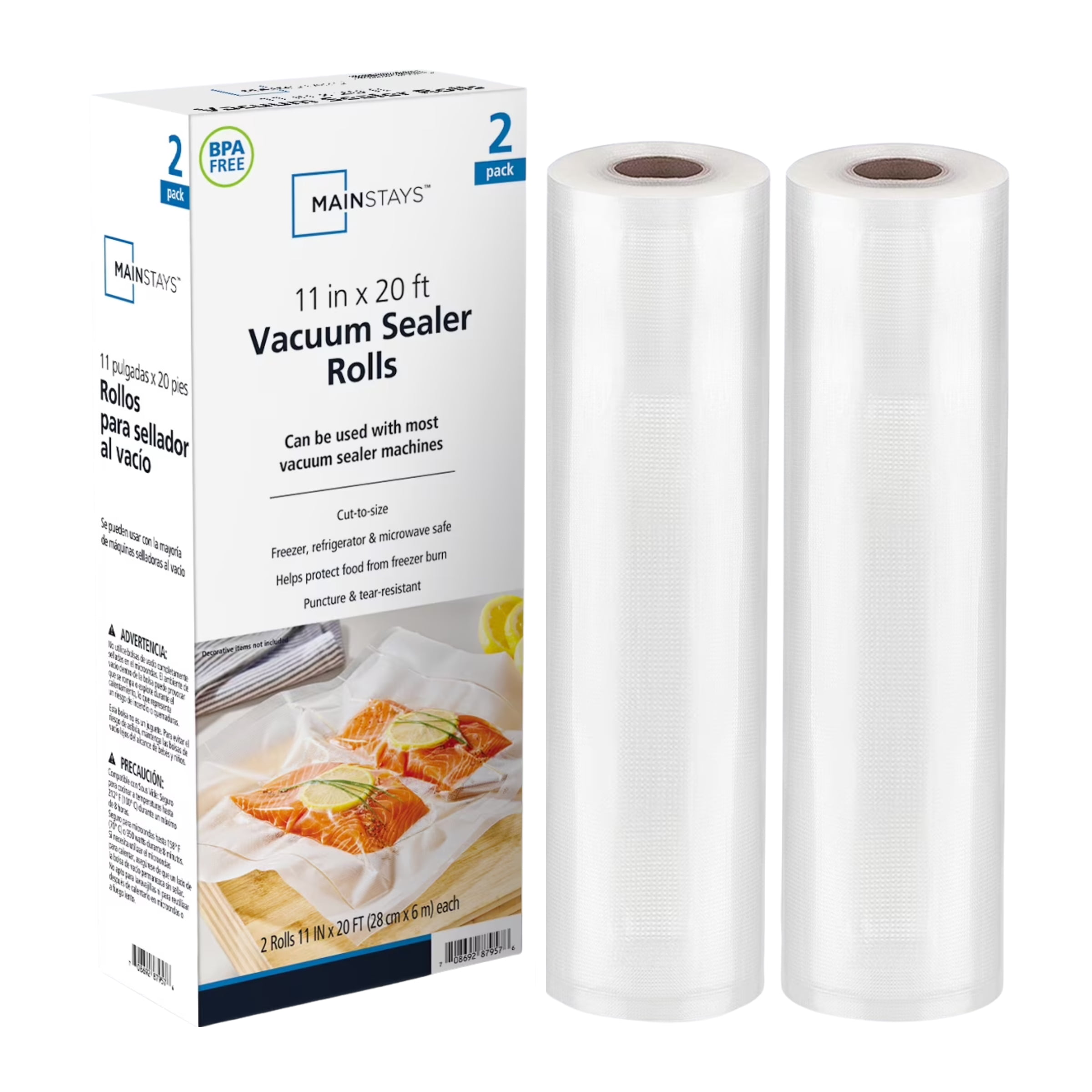 (2 pack) Mainstays 11" x 20" Vacuum Sealer Bag Rolls, 2-Count Vacuum Seal Rolls for Food Storage and Sous Vide, Works With All Brands Food Vacuum Sealer Machines, 40 Feet Total