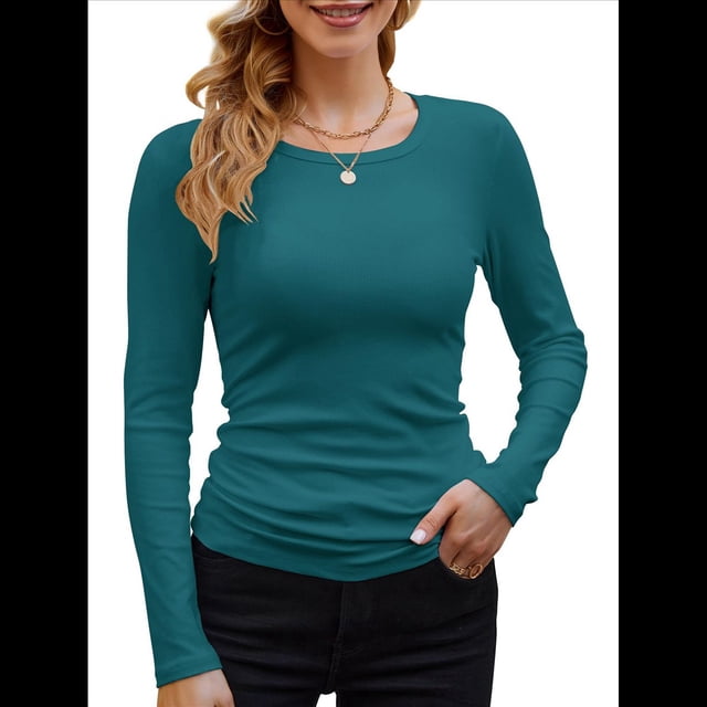 Camisetas Básicas Ajustadas Informales de Cuello Redondo y Larga Acanaladas para Mujer Azul y Verde XL