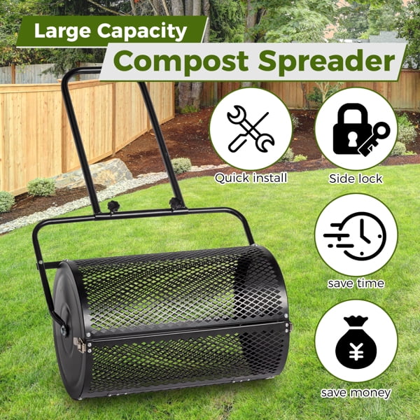 24 Inch Black Lawn Spreader, Top Dressing Roller with Steel Mesh Basket & Side Latches