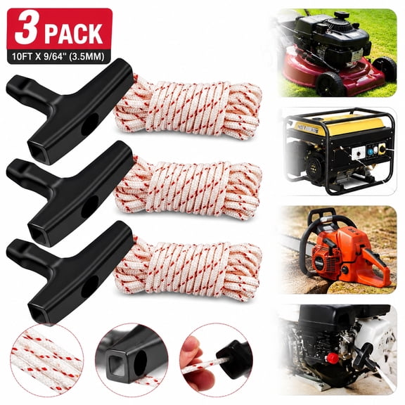 Rongsi-3 Pack, 10 ft x 9/64" (3.5mm) Pull Cord Rope with Handle, Premium Starter Rope with High Tensile Strength, Universal Pull Cord Replacement for Lawn Mower, Generator, Chainsaw, and Small Engine