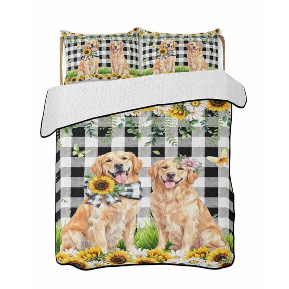 Quilts King Size Bedding Set, Cute Puppy Sunflowers Lightweight Quilted Comforter, Farmhouse Eucalyptus Black White Soft Reversible Bedspread Coverlet with Pillow Covers for All Season, 96" x 106"