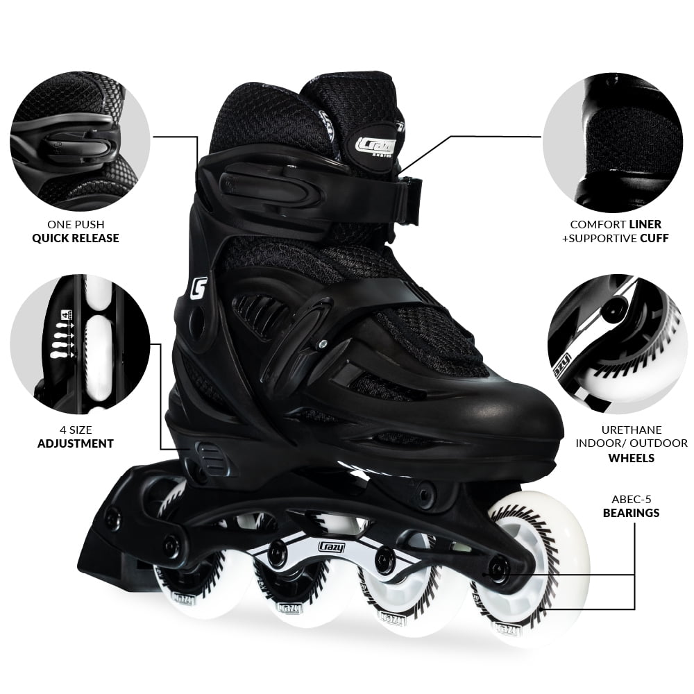 Crazy Skates Adjustable Inline Skates for Girls and Boys - Adjust to fit 4 Sizes