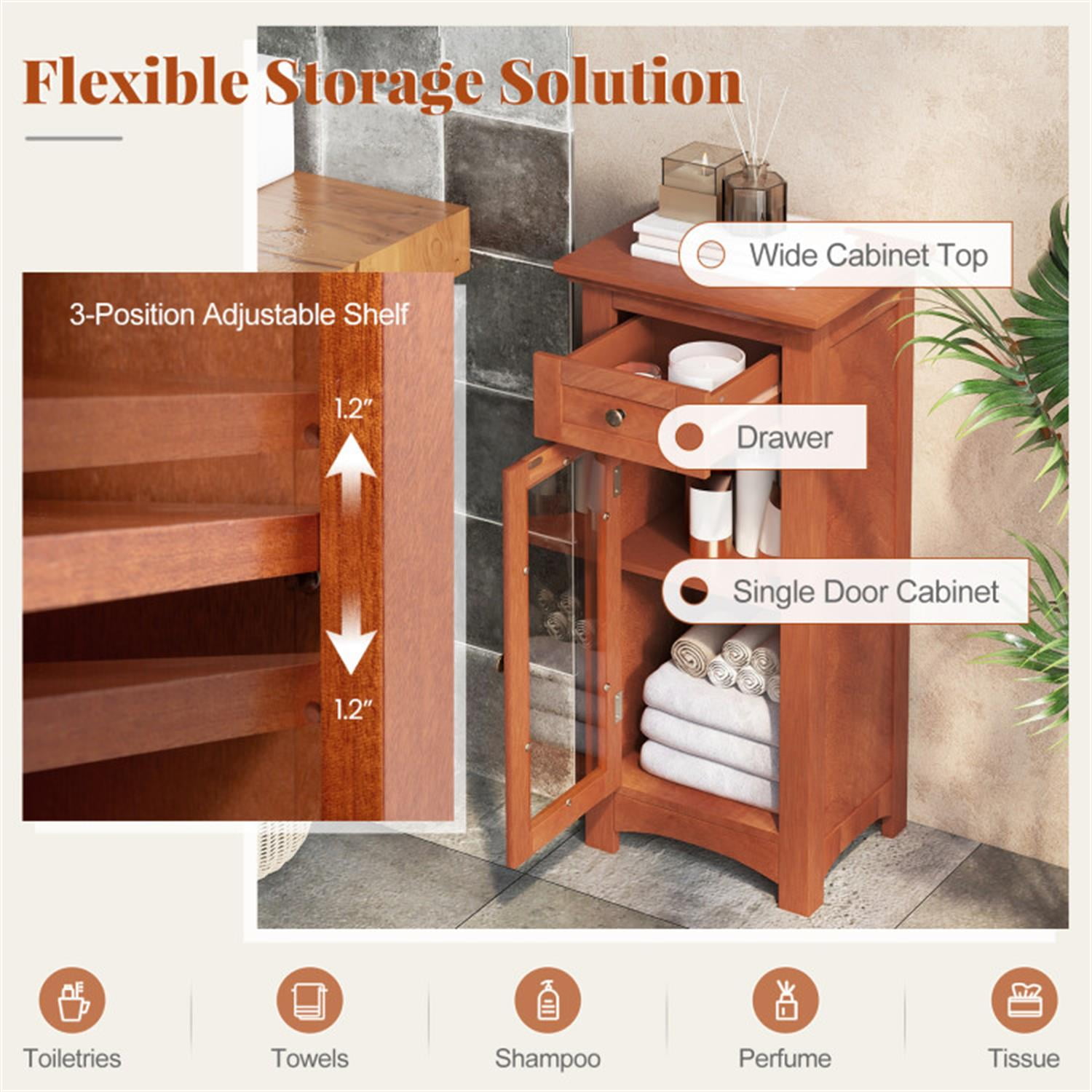 Demi Bonn Bathroom Floor Cabinet with Single Glass Door and Drawers, Bathroom Freestanding Storage Organizer Rack Stand, Multifunctional Corner Unit, Brown