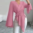 thumbnail image 2 of Ltctricy Women's Satin Blouses Bell Long Sleeve Cross Wrap V Neck Tie Side Pleated Asymmetrical Hem Shirts Dressy Casual Tops(Pink,Large), 2 of 4
