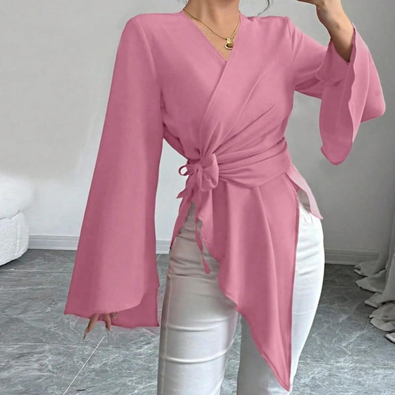 EchfiProm Womens Slim Tops Pink V-Neck Bell Sleeve Long Sleeve Asymmetrical Hem Fall Shirt for Ladies Tie up