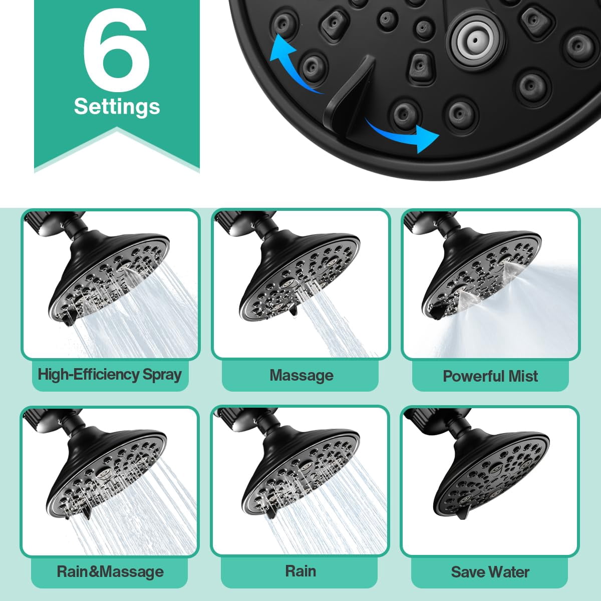 6-setting High Filtered Shower Head Combo  Detachable Rain With 20 Stage Filter For Hard Water - Remove Chlorine And Harmful Substances Black