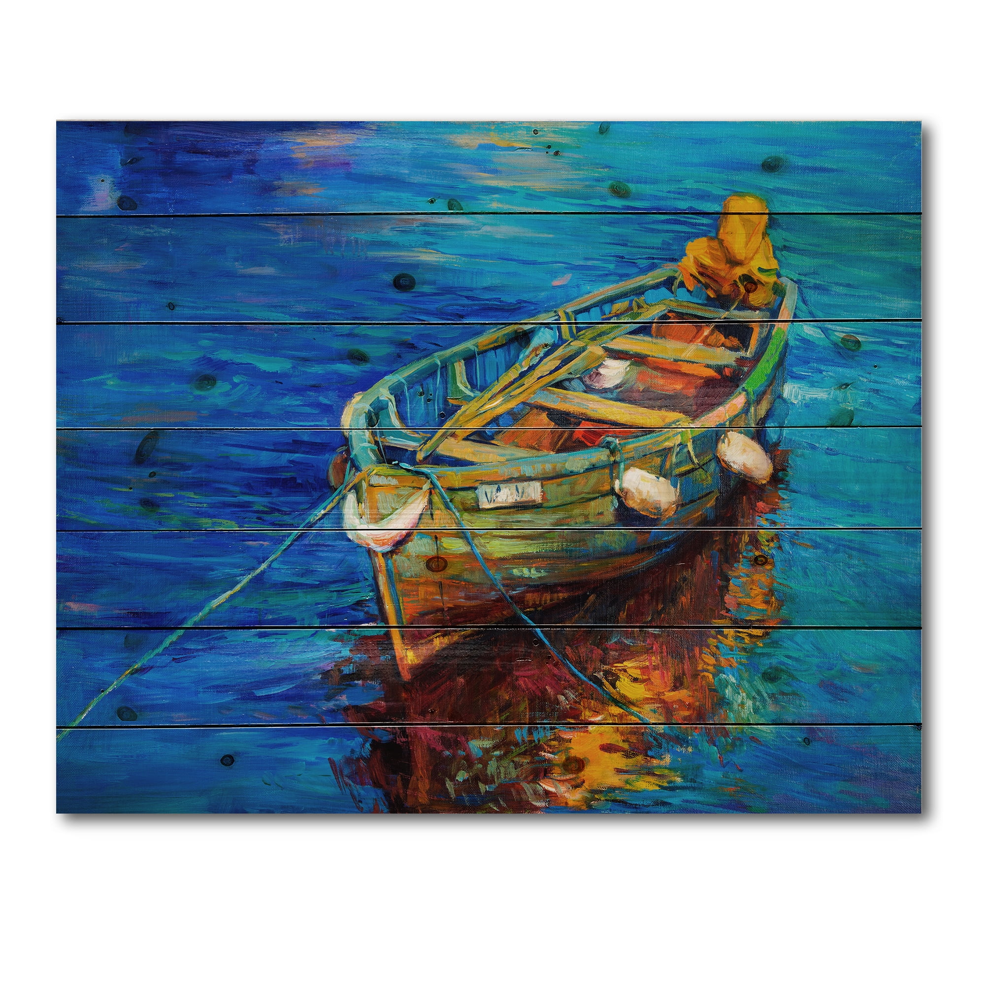 Designart 'Boats During Warm Sunset Resting On The Water IV' Nautical & Coastal Print on Natural Pine Wood