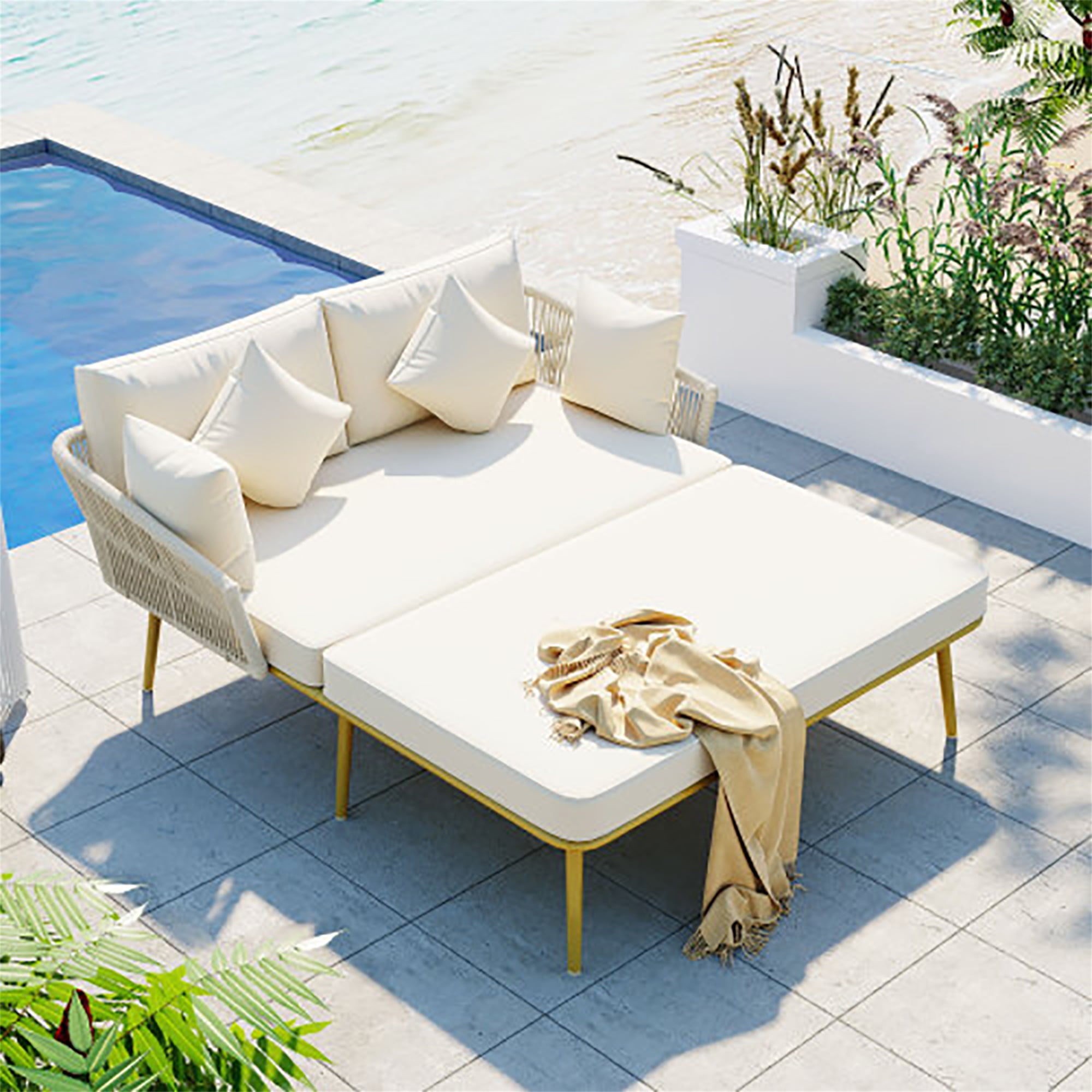 GVN Outdoor Patio Chaise Lounge Chair, Woven Nylon Rope Backrest with Washable Cushions for Balcony, Poolside, Set for 2 Person, Beige GVN Outdoor Patio Chaise Lounge Chair, Woven Nylon Rope Backrest with Washable Cushions for Balcony, Poolside, Set for 2 Person, Beige