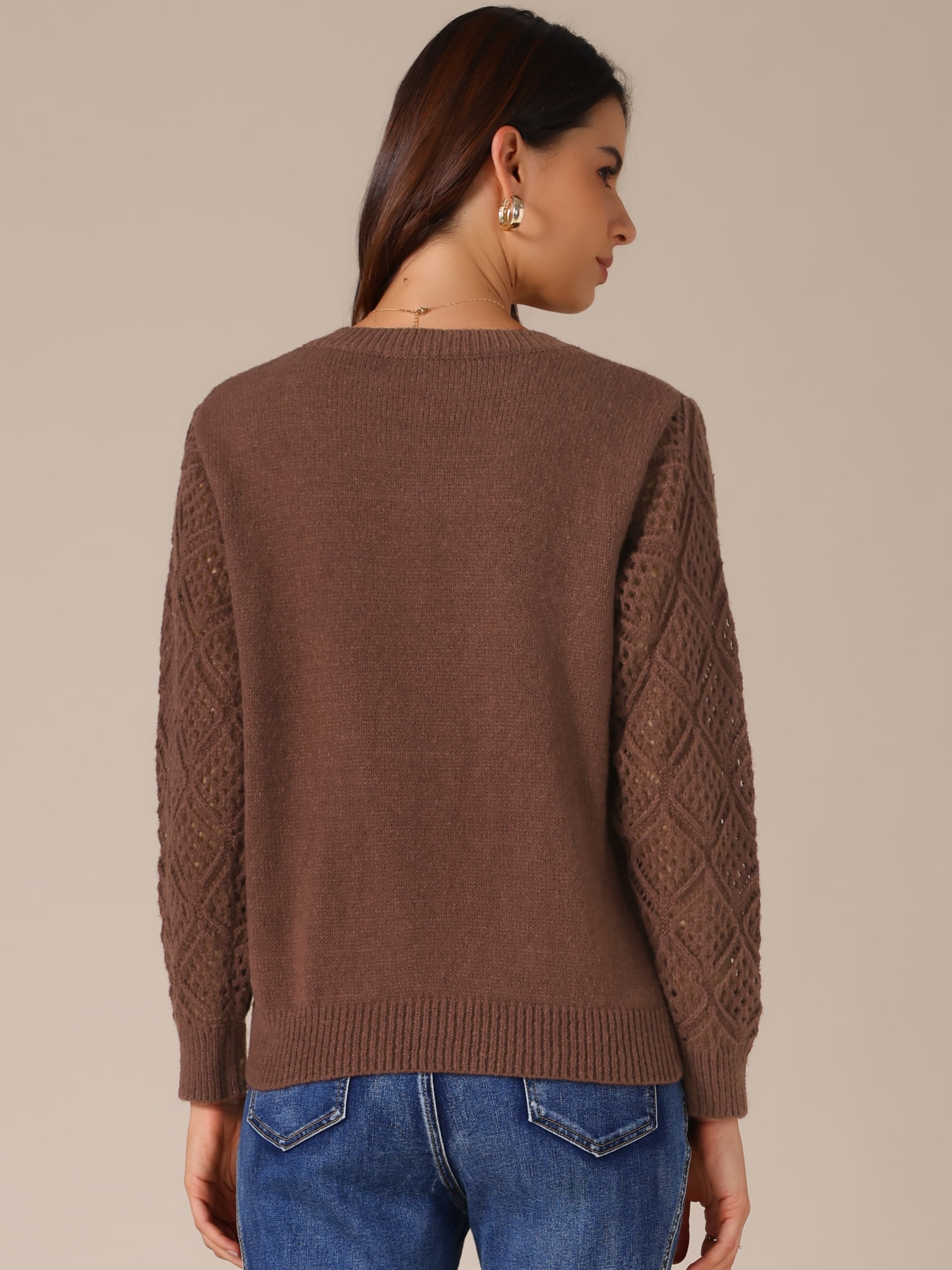 DARING DIVA Women's V Neck Hollow Out Long Sleeve Crochet Sweater Tops XL Brown