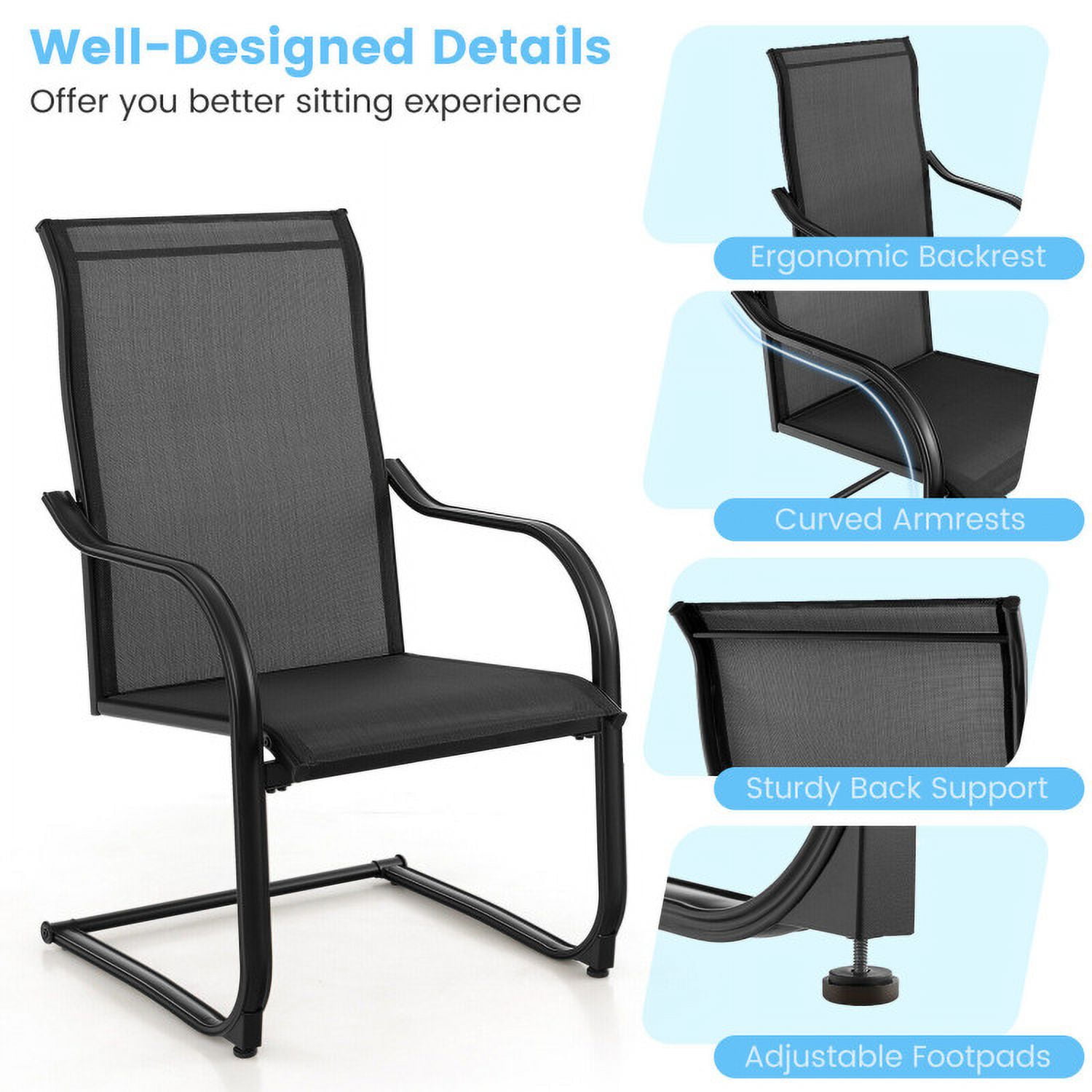 Aimee Lii 2 Pieces C-Spring Motion Patio Dining Chairs with Breathable Fabric, Outdoor Patio Set, Black
