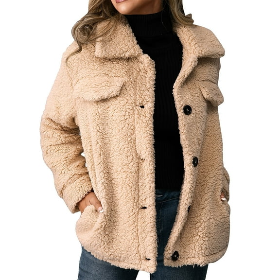 ShomPort Jackets for Womens Turn Down Button Long Sleeve Solid Color Thickened Outwear Comfort Fall Winter Coat with Pockets