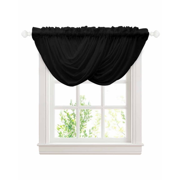 Black Sheer Waterfall Valance Curtains for Window, Solid Color Farmhouse Black Rod Pocket Sheer Topper Swag Curtains for Living Room, Kitchen 38.5"W x 47.2"L, 2 Panels