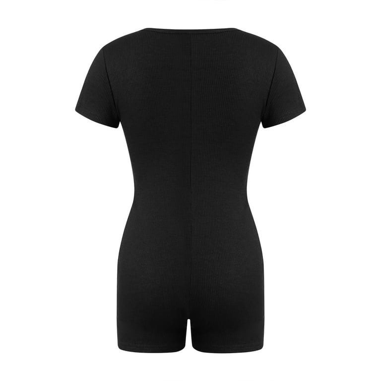 Women Bodysuit Zip Up Ribbed Short Rompers Streetwear Short Sleeve
