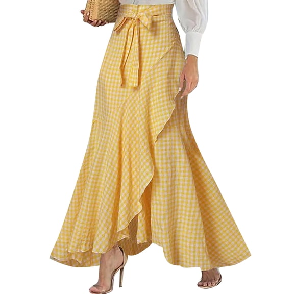 Arlun Plaid Maxi Skirts for Women High Waisted A Line Irregular Ruffle Hem Long Skirt with Bow Belt Trendy and Tall Spring Casual Skirts Yellow XL