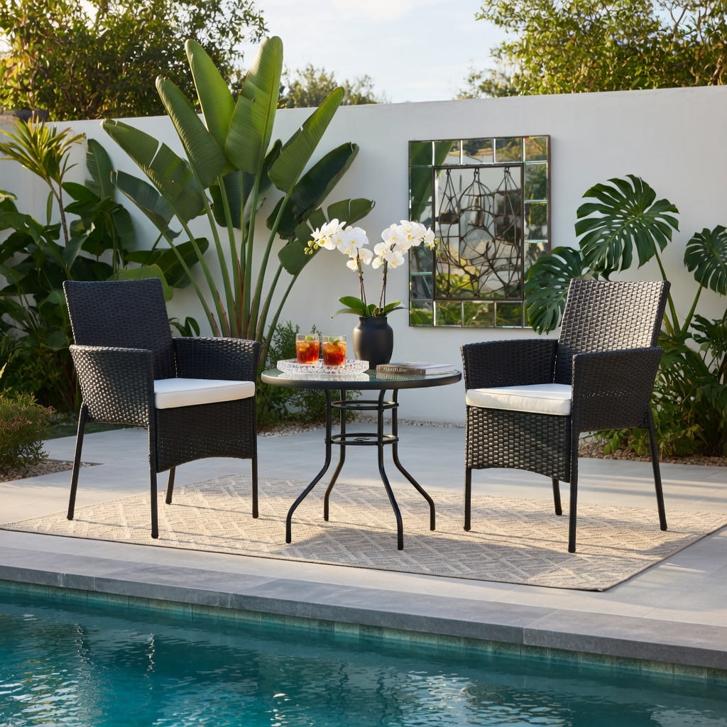 Hommoo 2-Pack Outdoor Wicker Patio Chairs with Off-White Cushions, Weatherproof PE Rattan, Steel Frame, Ideal for Backyard, Poolside & Garden, Black