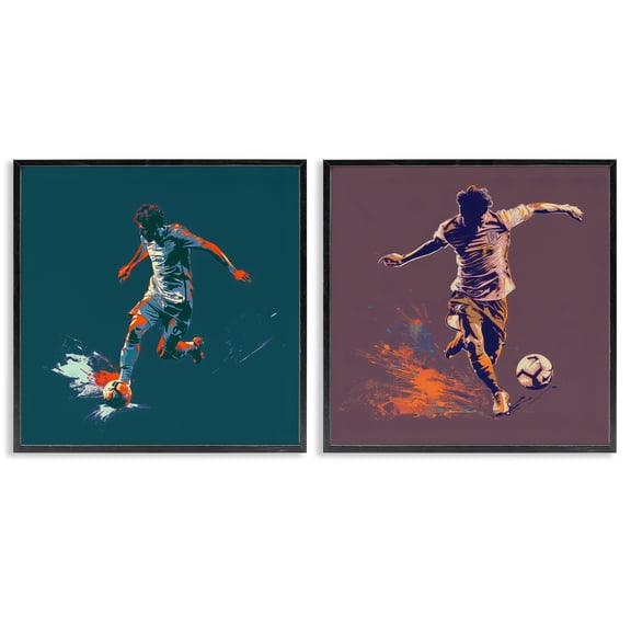 Stupell Industries Kicking Soccer Ball Goal Sports Painting Black Framed Art Print Wall Art, 12 x 12, Set of 2