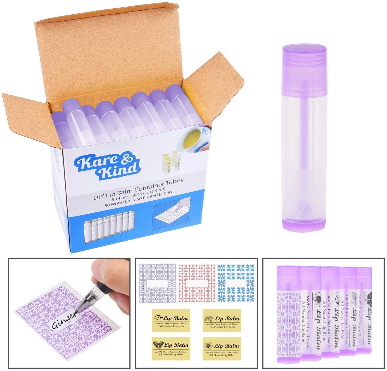 Lip Balm Container Tubes - 50-Pack - DIY - Purple - 3/16 Oz (5.5 ml) -  Including 50 Writeable (Purple) & 50 Printed Lip Balm Stickers - Twist ...