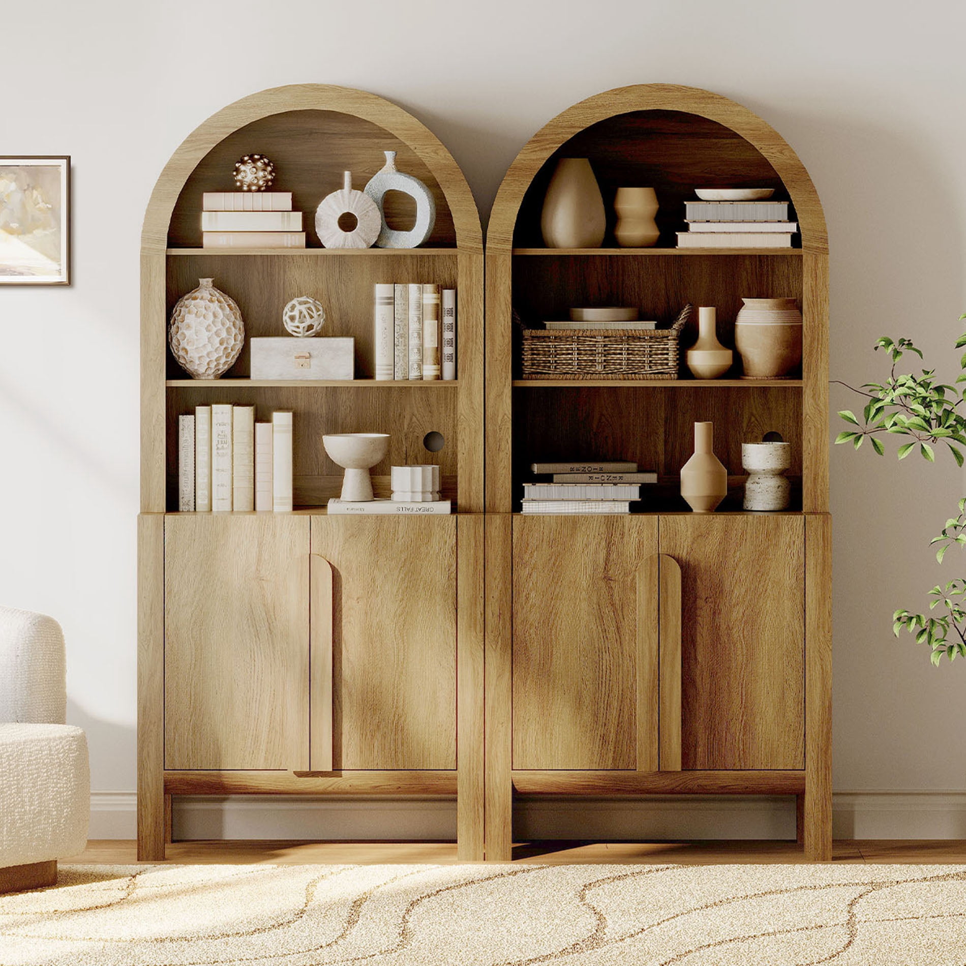 71” Tall Arched Bookshelf Set of 2, Modern 5 Tier Bookcase with Cabinet, Wooden Display Cabinet with Doors and Adjustable Shelves, Versatile Bookshelf for Living Room, Study, Office