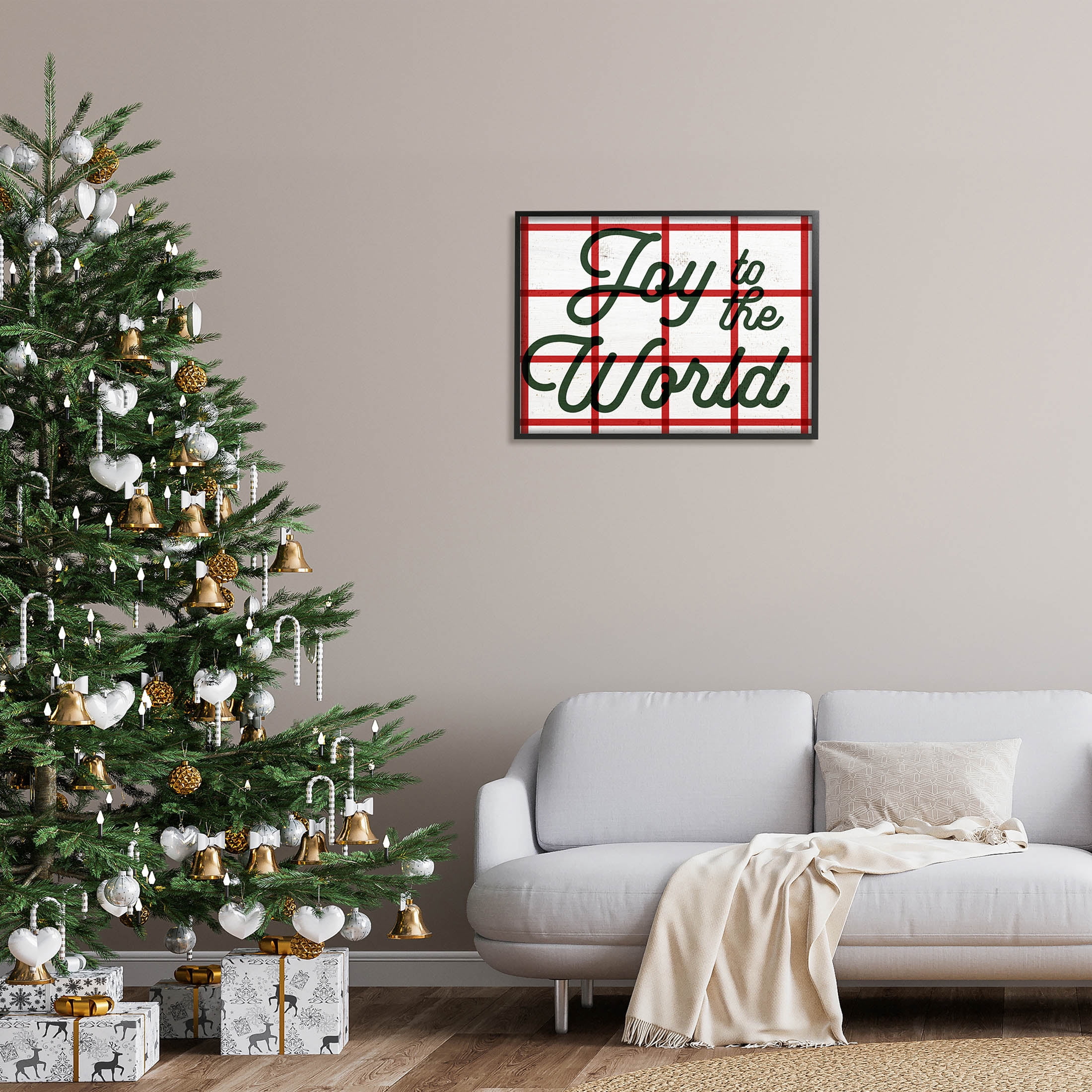 Joy To The World Tartan Phrase Holiday Graphic Art Black Framed Art Print Wall Art