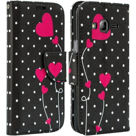 Polka Dot Leather Portfolio Leather Wallet Cover Samsung Galaxy Go Prime, Grand Prime Case, Slim Magnetic Flip Kickstand - Polka Dot Heart ()