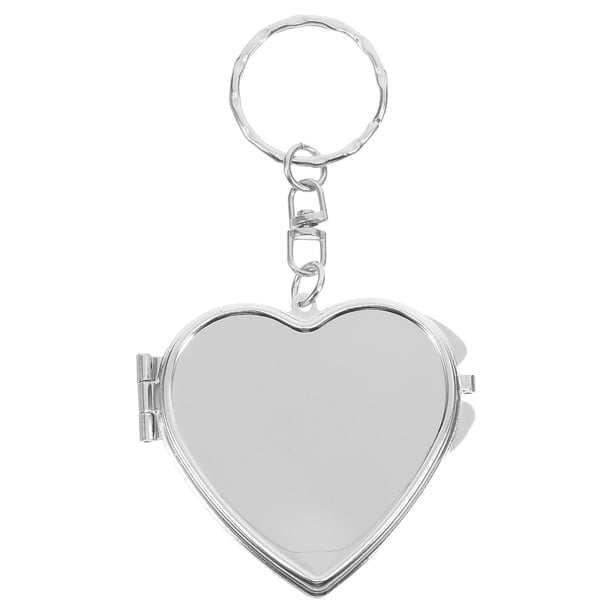 FELTECHELECTR mini llaveros redondos con espejo de maquillaje compacto de doble cara, llavero plegable con colgante (plata, forma de corazón).