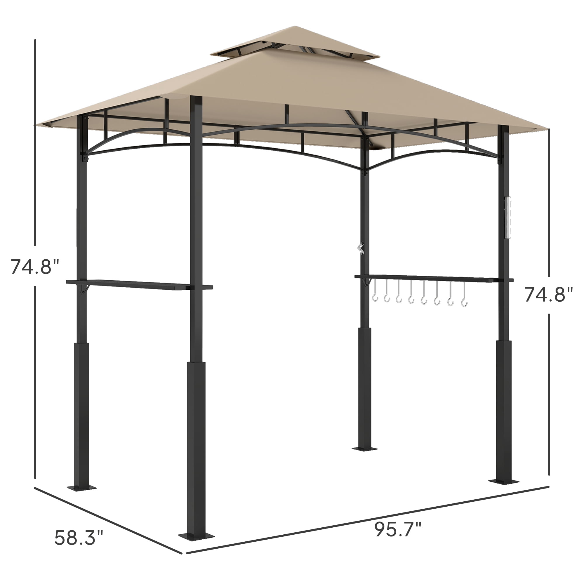 Outsunny 8' x 5' Grill Gazebo, Double Tiered Outdoor BBQ Gazebo with LED Light, 2 Side Shelves, Hooks and Bottle Opener for Patio Yard, Khaki