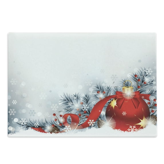 Christmas Cutting Board, Winter Solstice Noel Design with a Big Ball and Holm Snow Image Print, Decorative Tempered Glass Cutting and Serving Board, Large Size, White Red, by Ambesonne