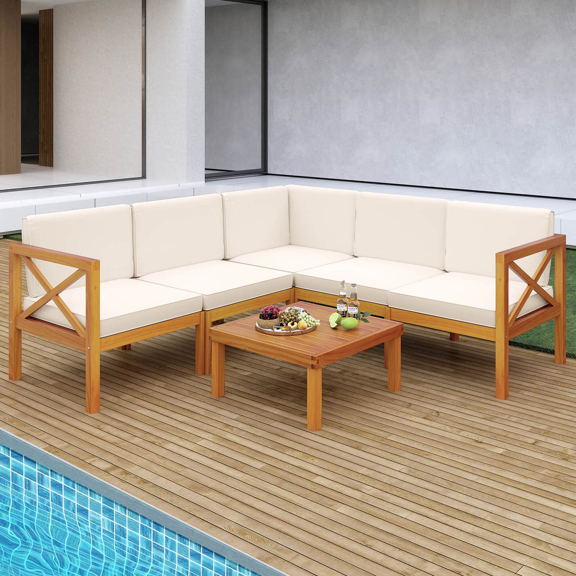 Costway 6 PCS Acacia Wood Patio Furniture Set with Cushions and Coffee Table for Garden