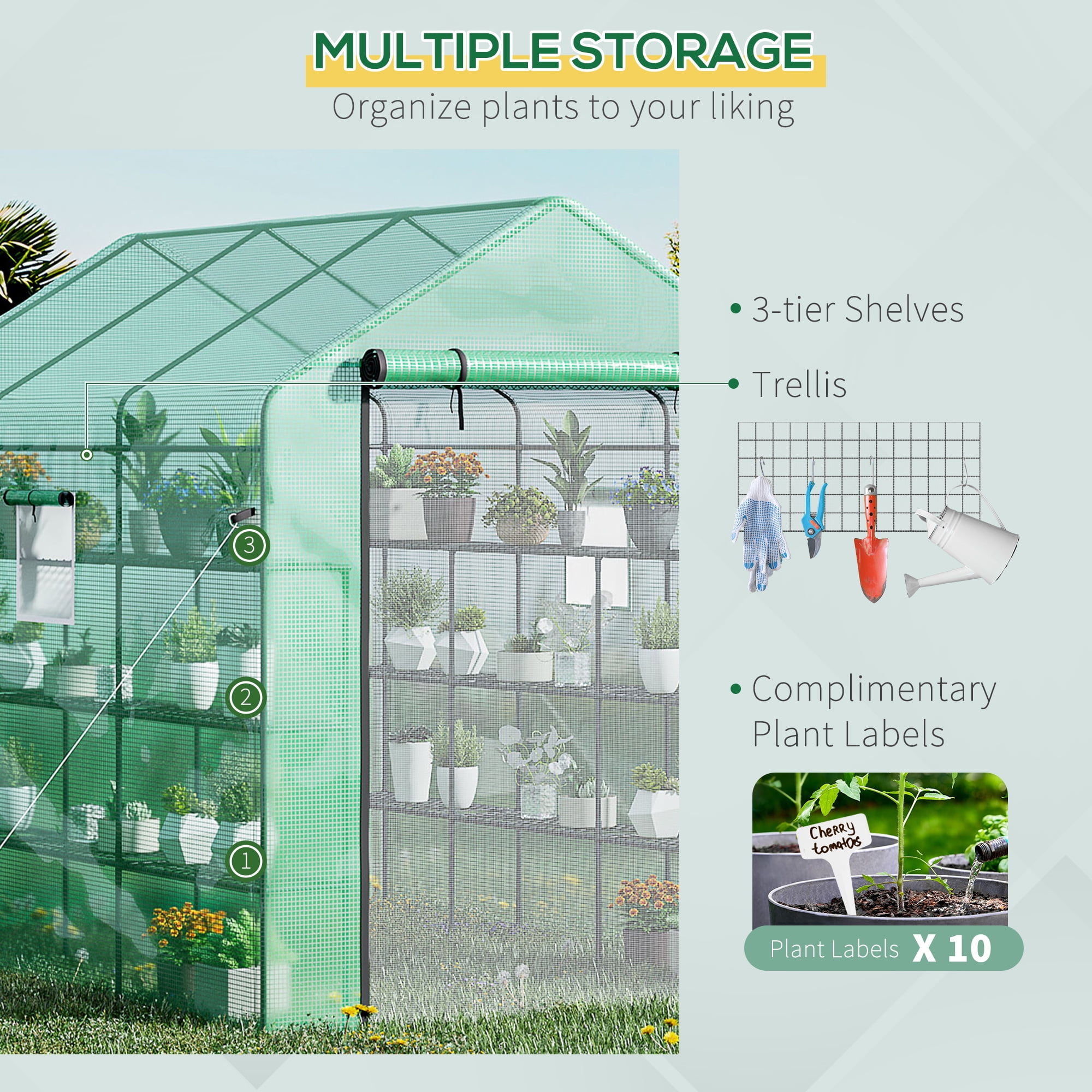 Walk-in Greenhouse with Mesh Door and Windows, 18 Shelf Hot House with Trellis