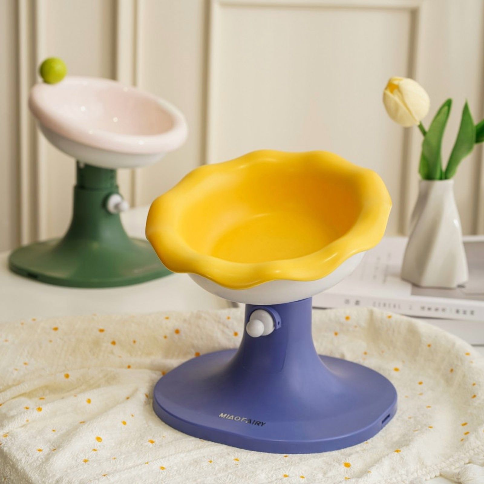 Fairela Adjustable Height Ceramics Food Bowl for Cats, Blue Flower
