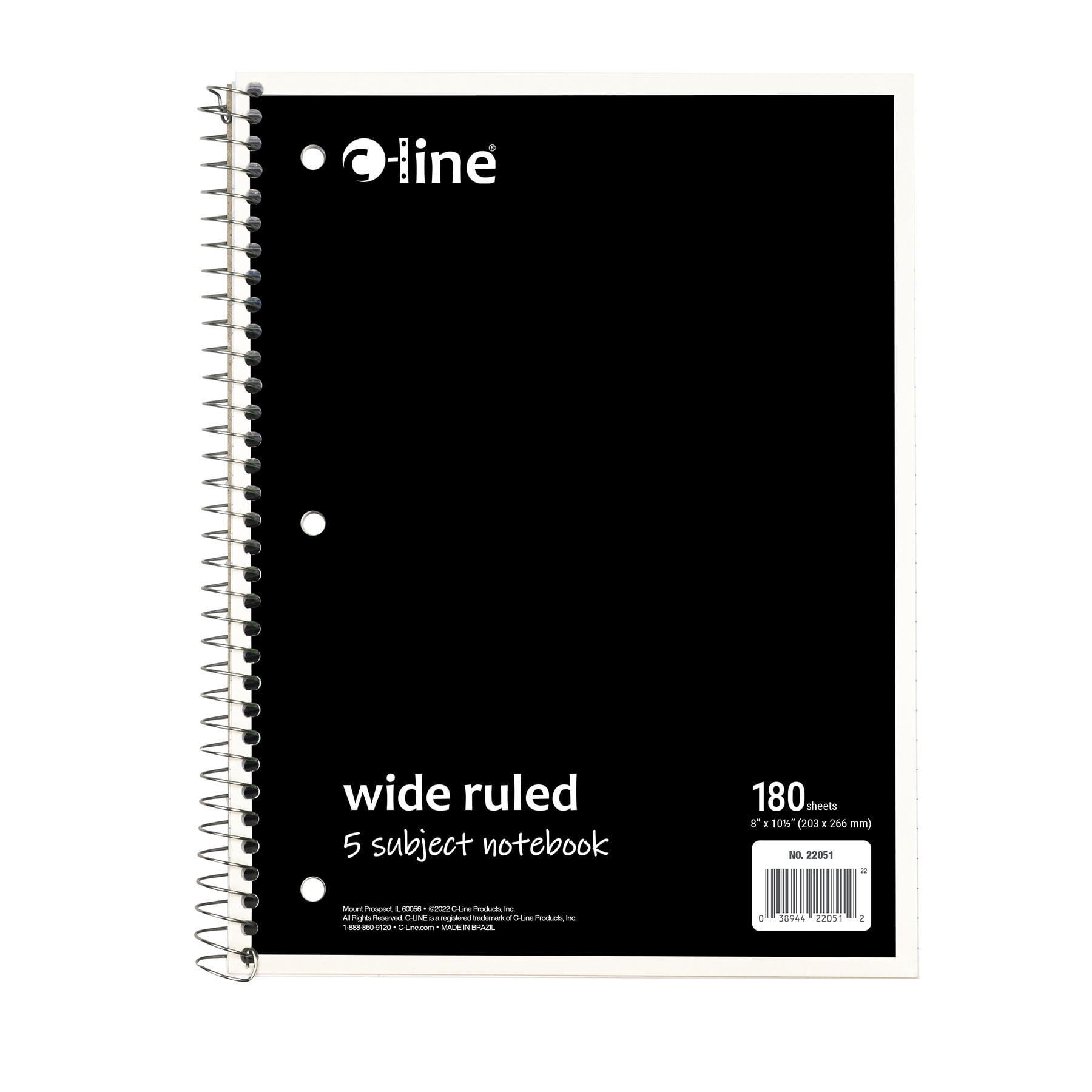 C-Line 5-Subject Notebook, Wide Ruled, 180 Sheets, Assorted Colors, Pack of 3