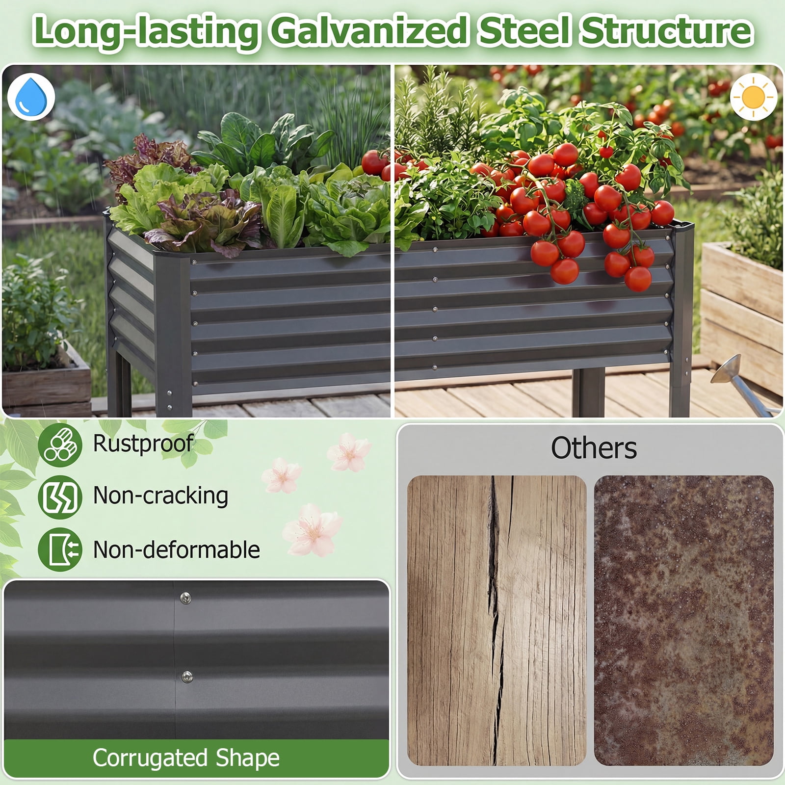 Costway 1 PCS Galvanized Raised Garden Bed with Legs, Metal Elevated Planter Box for Vegetables Gray