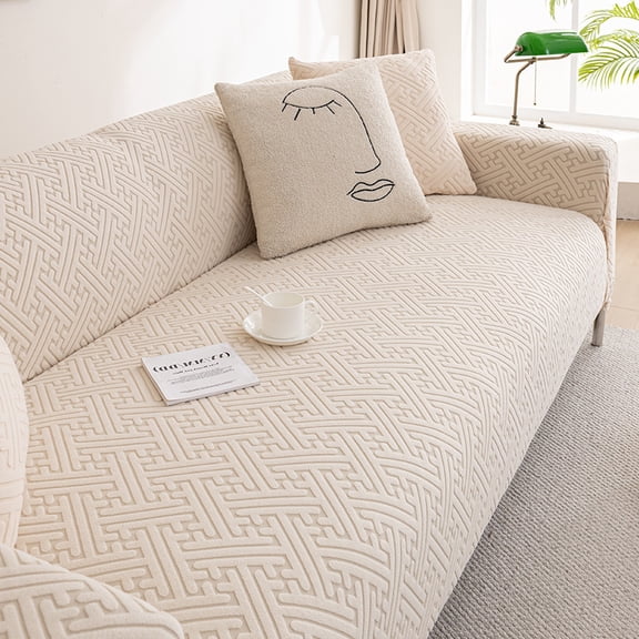 suxuMhao 3D Line Jacquard Sofa Cover Beige Stretch Couch Cover Washable 4 Seater Slipcover Extra Large 92-118 Inches Furniture Protector Para Sofa Sofa Protector Couch Covers, 1 Piece