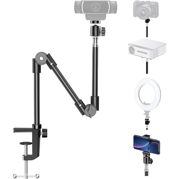 Webcam Stand Camera Mount with Phone Holder, 22 Inch Foldable Flexible Gooseneck Cell Phone Clamp & Table Projector Mount, for Logitech C922 C930e C920S C920 C960 Brio 4K, Gopro Hero 8 7 6 5