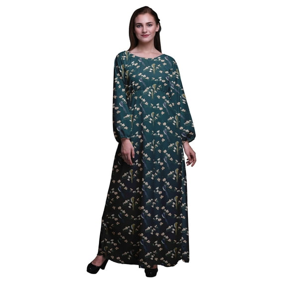 Bimba Moss Georgette Blossom & Paradise Whydah Bird Print Women’s Long Elastic Waist Casual Summer Maxi Dress-Medium